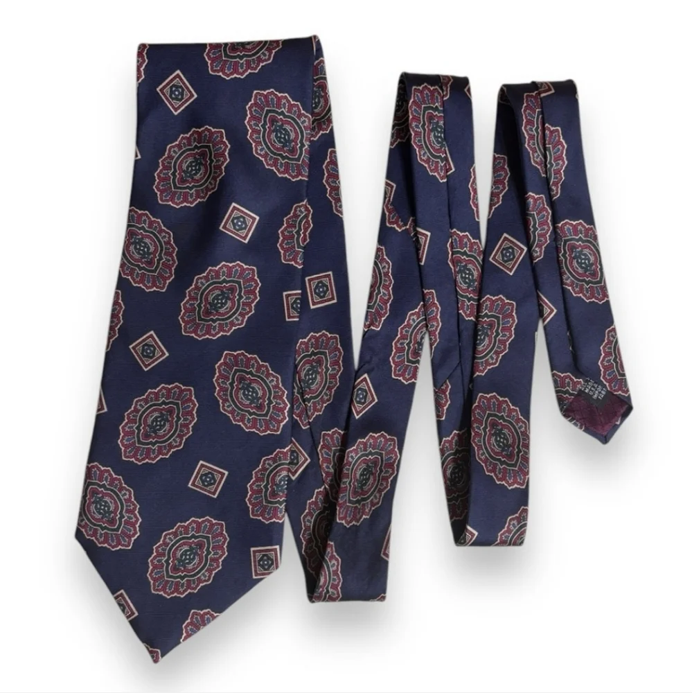 CHRISTIAN DIOR Tan & Dark Red Medallion Print Silk Tie VINTAGE